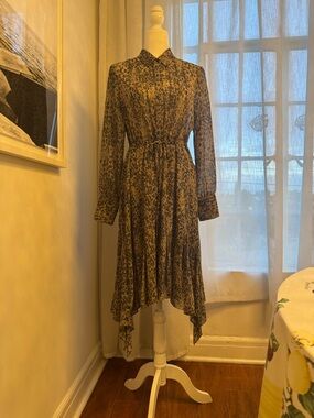 AllSaints Chic Taupe and Black Leopard Chiffon Handkerchief Hem Midi Dress